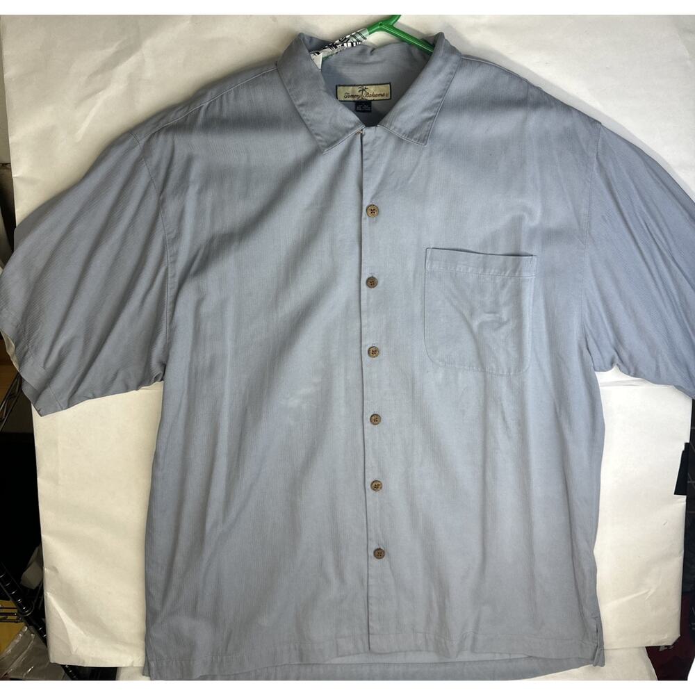 Tommy Bahama Hawaiian Vintage Shirt Silk Cotton Blend Blue Textured Men's Large